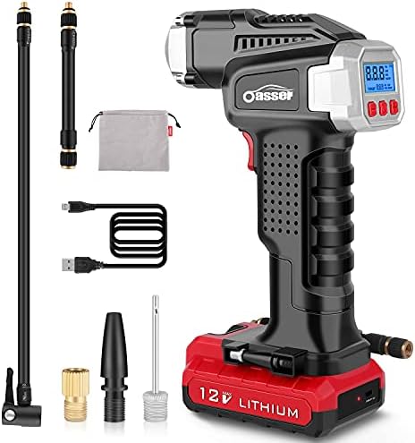 Oasser Air Compressor Tire Inflator Portable Cordless Air Pump for Cars Motorcycles Bicycles with Digital Dual Pressure Dispaly Gauge Large Capacity Rechargeable Battery USB Charging 120 PSI P2A