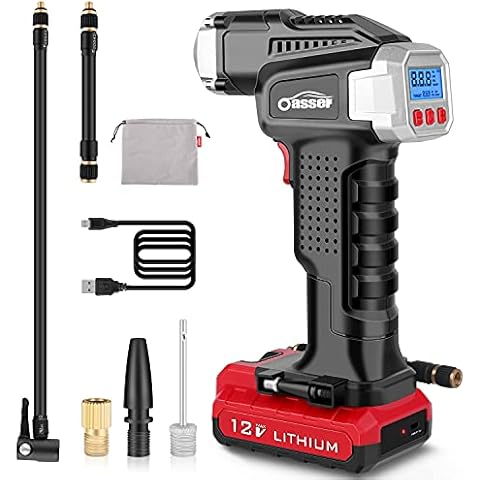 Oasser Tyre Inflator Portable Air Compressor Cordless Tyre Pump for Cars Motorcycles Bicycles with Digital Pressure Gauge 2000mAh Lithium Battery USB Charging 120PSI P2A Cover