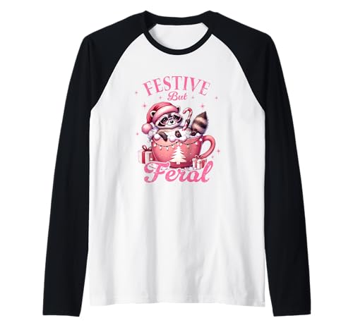 Festive But Feral Raccoon - Taza de Navidad Camiseta Manga Raglan