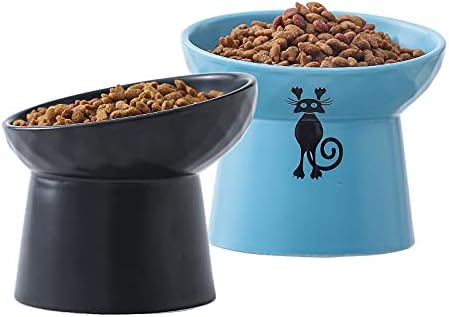 Tilted Ceramic Raised Cat Bowls,Food and Water Bowls Set,8 OZ Elevated Cat Dish for Kitty, Stress Free Feeding Pet Dish, Dishwasher and Microwave Safe(Black&Blue)