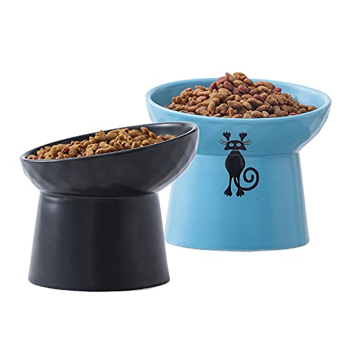 Tilted Ceramic Raised Cat Bowls,Food And Water Bowls Set,8 Oz Elevated Cat Dish For Kitty, Stress Free Feeding Pet Dish, Dishwasher And Microwave Safe(Black&Blue) #TOP27