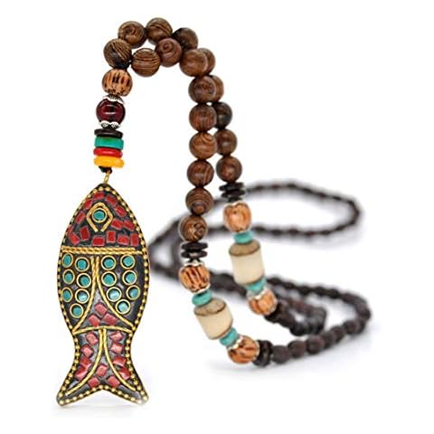 Fish Long Necklace Handmade Turquoise Wood Beads Necklace for Women Fashion Jewelry (Fish pendant) Cover