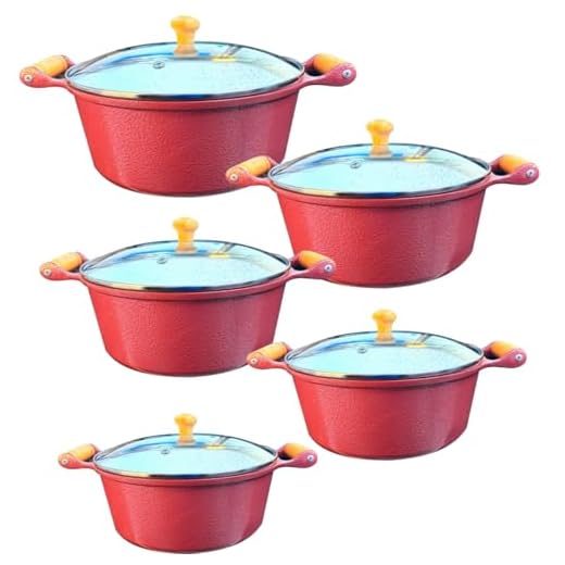 Jogo 5 Panelas Cerâmica Atoxica Em Aluminio Fundido Antiaderente Vermelha Tampas Em Vidro Temperado Modernas Elegantes Duráveis Fácil De Lavar