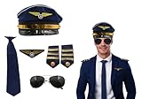 Nicky Bigs Novelties Pilot Costume Men Accessories - Men's Airline Captain Accessories with Aviator Sunglasses, Epaulettes, Captain's Hat, Badge - For Halloween, Themed Parties, Blue Gold, One Size