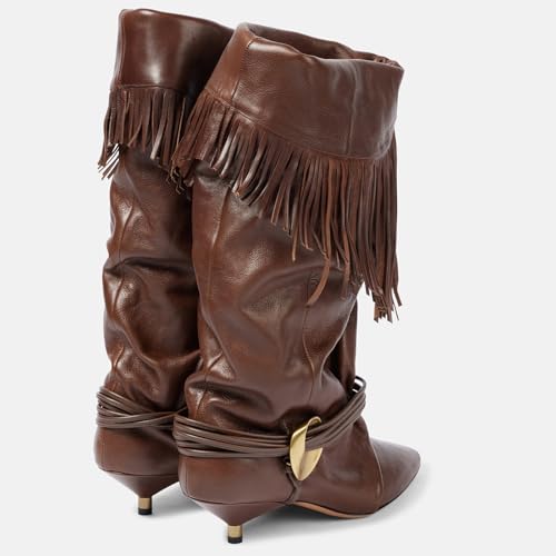 Brown Mid Calf Boots for Women Fringe Tassel Fold Over Cowgirl Boots Western Pointed Toe Kitten Low Heel Slouchy Pull On Fall Boots2