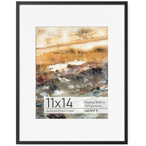 11x14 Picture Frame, Aluminum 11x14 Frame Matted to 8x10, 11 x 14 Photo Frame with High Definition Plexiglass, Metal Picture Frame for Wall or Tabletop Display, Wall Hook Included (Black, Pack of 1)