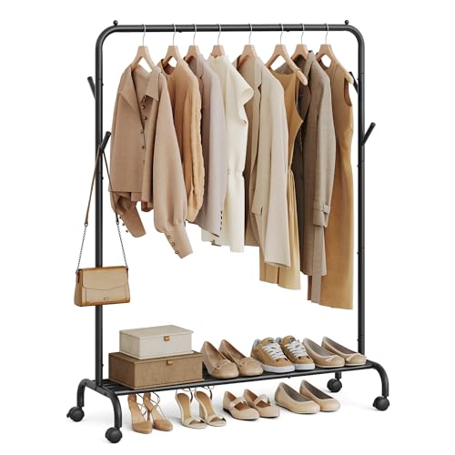 SONGMICS Clothes Rack, Double-Rod Clothing Rack for Hanging Clothes with Wheels, Garment Rack, Metal Frame, 220 lb Max. Total Load, 40.7 Inches Wide, Clothes Storage and Display, White UHSR1