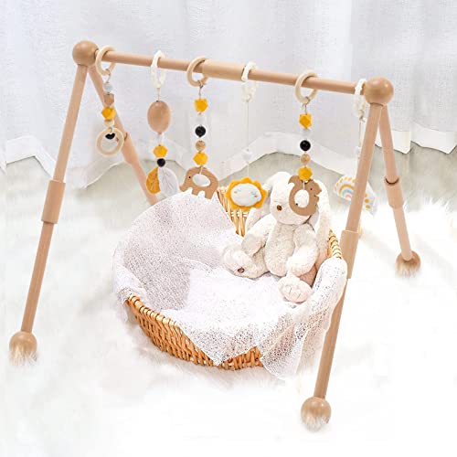 Image of Frogprin Wooden Baby Gym With 6 Hanging Toys for 0-12 Months, Play Frame Activity Bar Newborn Gift for Girls and Boys (Natural Pine Wood)