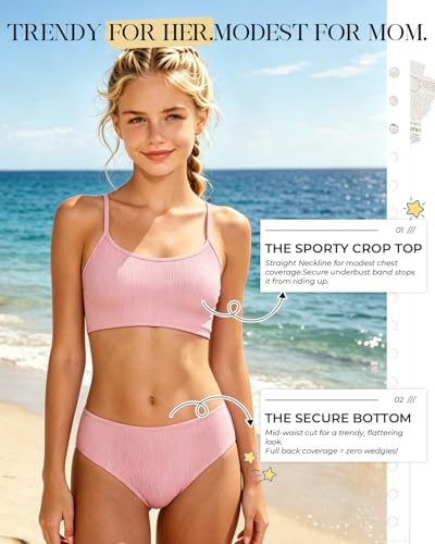 Image of Century Star Girls Ribbed 2-Piece Bikini Swimsuit - Fully Lined Modest Bathing Suit for Teens & Tweens