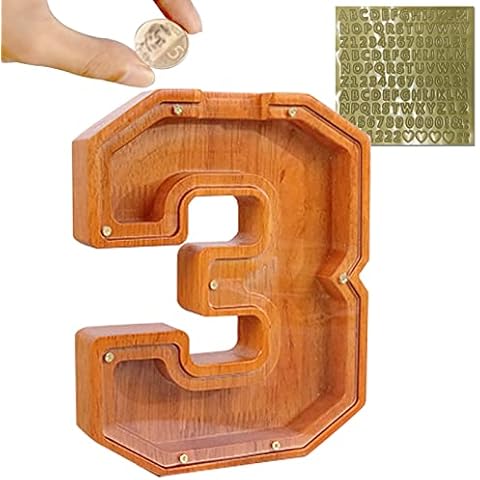 Mikytoper Wooden Piggy Bank, Digital 0-9 Money Box, Personalised Money Bank for Kids, Creative Clear Money Jar for Birthday Gift/Home Decoration/Keepsake (3) Cover