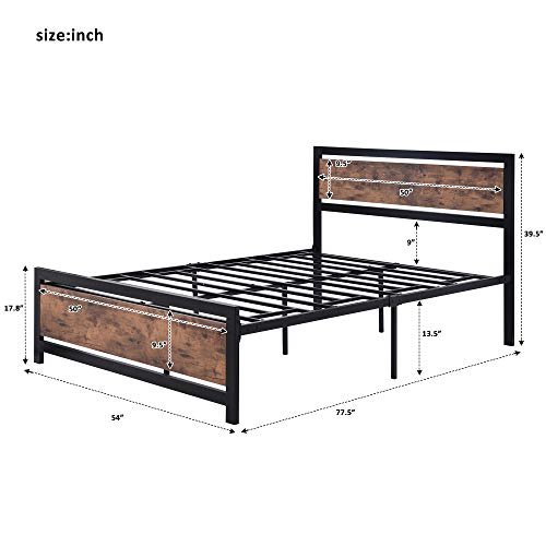 Full Bed Frame With Headboard, Metal And Wood Platform Bed, No Box Spring Needed, Easy To Assemble (Full Size, Black+Brown) #TOP1