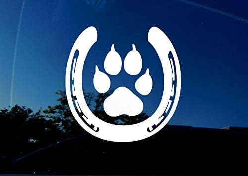 Horse and Dog Lover - PAW Inside Horse Shoe - 5" x 5" inches - Actual Size of Large Dog paw and Horse Shoe - Animal Decal Sticker for car Trailer Truck Window Wall Laptop White.