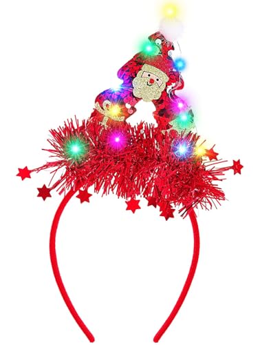 JEAIRTS ライトアップ クリスマス ツリー ヘッドバンド LED スパンコール サンタ ヘアバンド 光るクリスマスギフト クリスマス ヘアアクセサリー 女性用 (2-レッド)