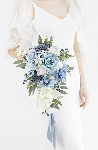 Ansofi Dusty Blue Wedding Bouquets For Bride Artificial Rose Flower Cascading Bridal Bouquet For Wedding Ceremony Anniversary, Bridal Shower And French Rustic Vintage Boho Wedding #TOP3