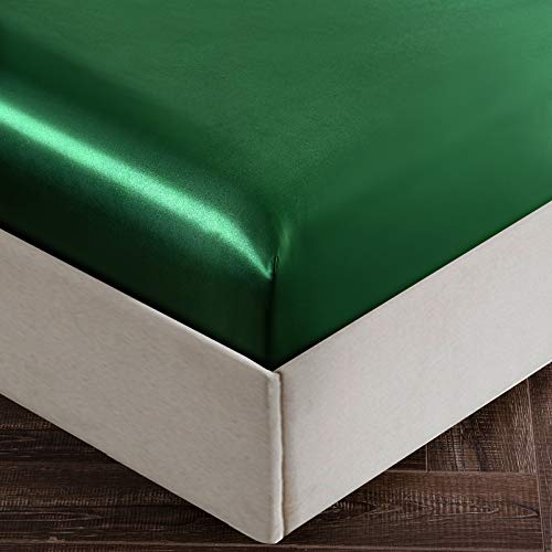 Image of SiinvdaBZX 3-Piece Set Satin Full Fitted Sheet & 2 Pillowcase, Emerald Green Silky Soft Fitted Bottom Sheet, Wrinkle Free, Fade Resistant, Deep Pocket Bed Sheet (Deep Up to 15 inch)