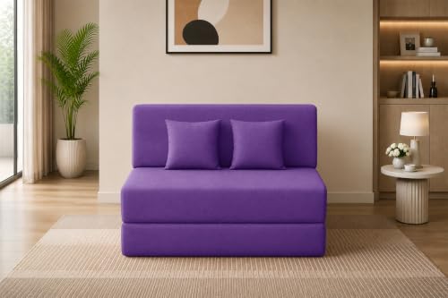 Image of Los Angeles Foldable Two Seater Sofa Cum Bed, Sofa Bed 4 X 6 Feet Jute Fabric Washable Cover- Including Cushion Perfect for Living Room - Purple Color