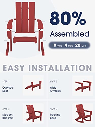 Kingyes Rocking Adirondack Chair ｜Modern Porch Rocker｜Weather Resistant Rocking Chair｜Hdpe Curved Backrest Plastic Adirondack Rocker For Outdoor, Patio, Deck, Backyard - Red #TOP3