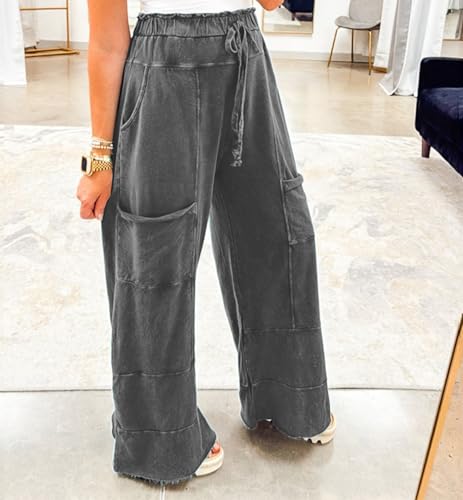 Elastic Waist Pants for Women Drawstring Wide Leg Pants High Waist Patchwork Raw Hem Trousers Withe Pockets2