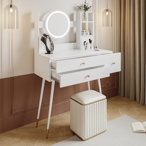 Idemon Tocador (sin sillas), con espejo de brillo ajustable, con 3 cajones, accesorios dorados de lujo, tocador de gama alta con múltiples espacios de almacenamiento, color blanco