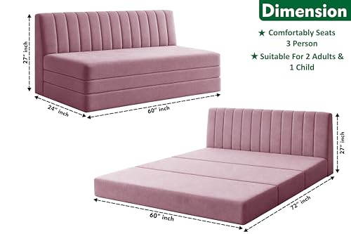 Image of 3-Seater Foldable Floor Sofa Bed with, Modern Velvet Fabric Folding Couch for Living Room, Guest Room & Small Spaces-Rose Pink