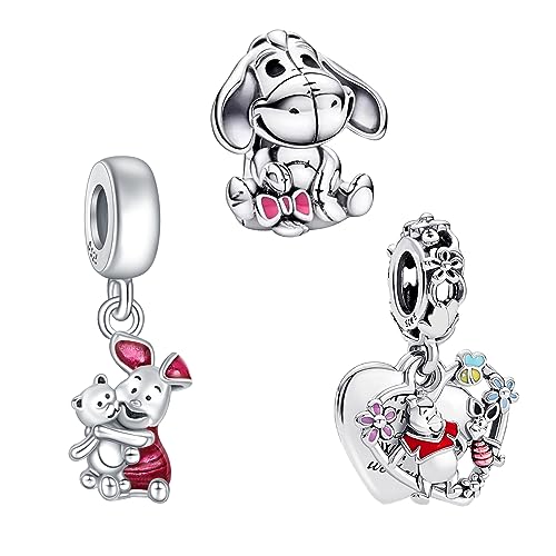Doyafer 925 Sterling Silver Charms Set Pink Piggy Bear Donkey Cartoon Beads Pendant for Women Girls Bracelets Necklace Birthday Gifts 3-Piece/Package