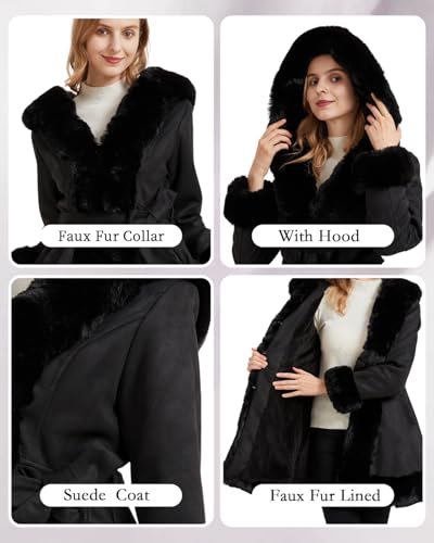 GRAN ORIENTE Suede Jacket for Women with Faux Fur Collar,Long Sleeve Warm Winter Parka Coat with Belt Outerwear4