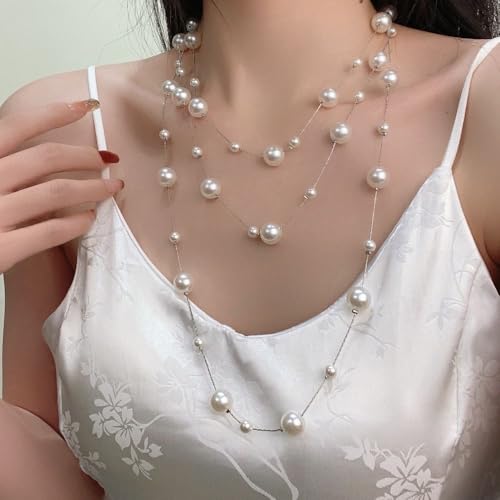 Extra Long Pearl Necklace 68" Faux Pearl Multi Strand Gold Necklaces for Women White Pearl Layered Necklace Wedding Party Prom Costume Jewelry3