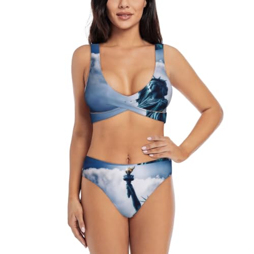 Fgwaauh Conjunto de bikini con estampado de estatua de la libertad para mujer, con cuello en V, trajes de baño de playa 2026, Negro, S