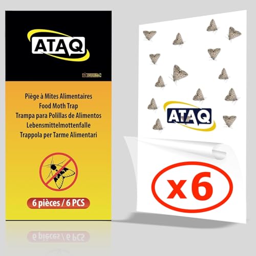 ATAQ – Pack de 6 trampas para polillas de alimentos – Trampa antipolillas adhesiva de feromonas con pegamento de alto rendimiento contra la infestación de las polillas en la cocina, protege los