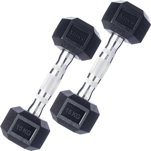 POWRX Hexagon Kurzhanteln Set - 30 kg - 2 x 15 kg - Mit Gummibeschichtung,...