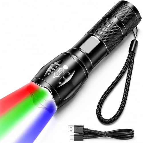 MVIOCS linterna recargable roja 4 en 1 - Antorcha LED multicolor (blanco/rojo/azul/verde) con 4 modos, linterna zoomable de alto lúmen para camping, observación, emergencia y aventuras al aire libre