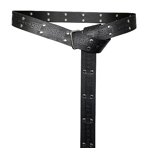 HiiFeuer Medieval Embossed Square Buckle Belt, Retro Middle Ages Faux Leather Mercenary Knight Belt, For Ren Faire LARP (Black A)
