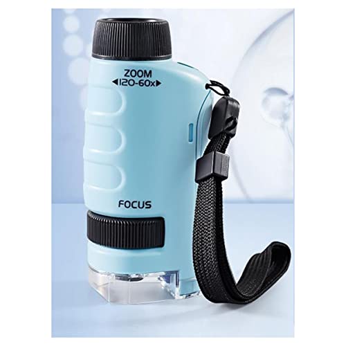 顕微鏡装置 3 in 1顕微鏡キット60-120xキッズ教育ポータブルポケット顕微鏡 導いた光(Blue)