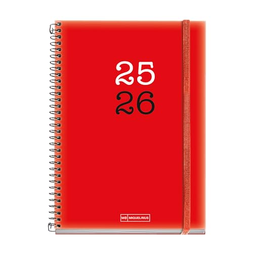Miquelrius - Agenda Escolar 2025 2026, Planificador 12 Meses: Septiembre a Agosto, Tamaño 150 x 213 mm, Semana Vista, Cubierta de Polipropileno Opaco, Cierre con Goma, Español-Inglés
