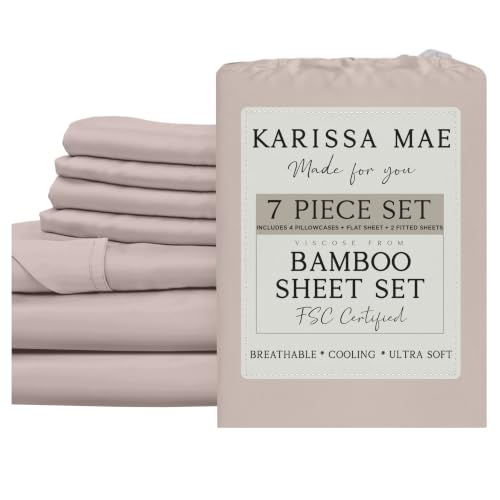 Image of KARISSA MAE 7 Piece Luxury Bamboo Viscose Split King Sheets, FSC Certified | Includes 2 Twin XL Fitted Sheets | Sleep Number & Adjustable Bed | Cooling | 18 inch Deep Pocket | 4 Pillowcases [Dusty Rose]