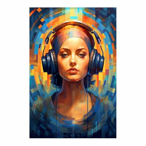 Casque cercles géométriques et portrait bleu : une toile abstraite unique