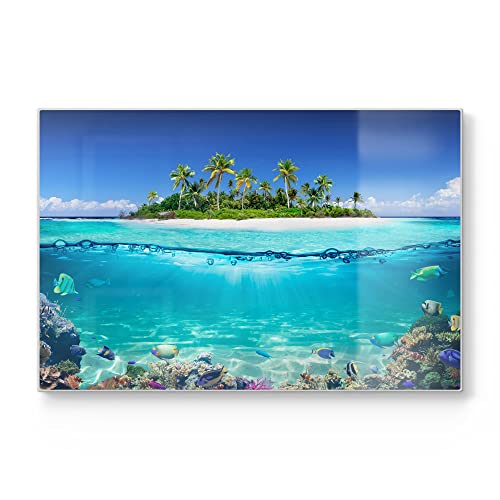 DEQORI Planche à découper en verre | Grande taille 30 x 20 cm | Motif île dans la mer tropicale | Planche à découper design pour cuisine | Planche à petit-déjeuner antibactérienne & antidérapante |