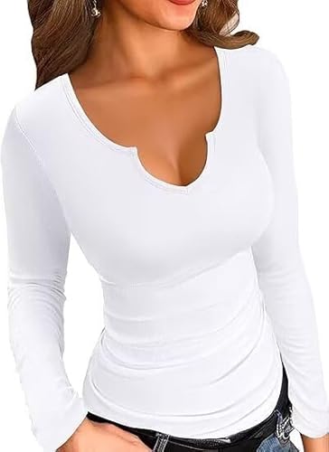 VICHYIE Hautes de Femme à Manches Longues, col en V, Style décontracté, Chemises Slim fit,Blanc,L