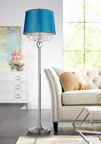 New Product Modern Contemporary Chandelier Style Floor Lamp 62.5 Tall Brushed Nickel Silver Chrome Crystal Accents Turquoise Satin Drum Shade Decor for Living Room Reading House Bedroom - 360 Lighting