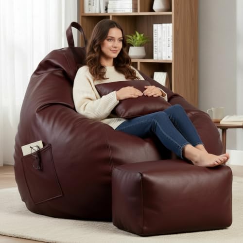 Image of KAM'S LIEU 5XL Luxury Faux Leather Bean Bag with Footrest & Cushion | Pre-Filled High-Density Polystyrene Beans | Premium Leatherette | 6 Months Warranty Color- (Maroon, with Footrest)