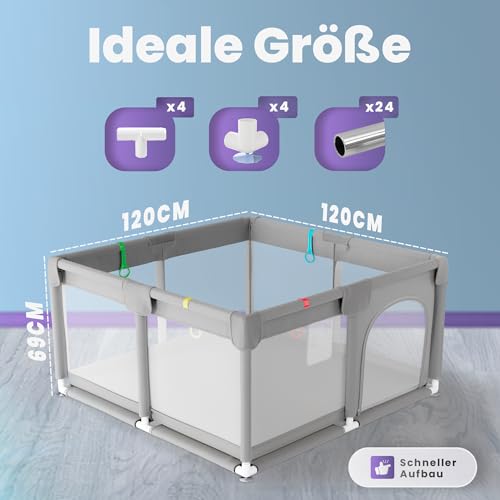 JUPPLIES Laufstall Baby 120×120 cm – Laufgitter mit seitlicher Tür & atmungsaktivem Netz, rutschfest und stabil, Metallrahmen – ohne Spielmatte