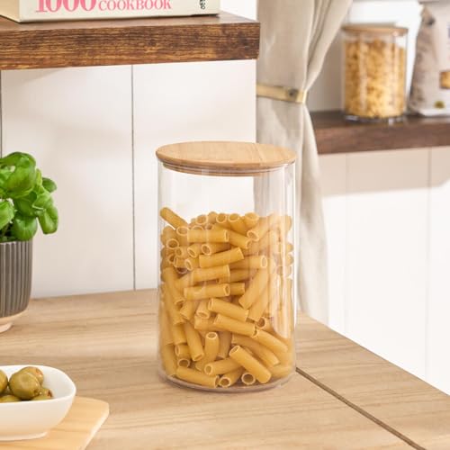OHS Food Storage Containers with Bamboo Lid, BPA Free Round Plastic Jars Medium Airtight Kitchen Storage for Dry Food Cereal Sugar Spices and baking Supplies, Clear