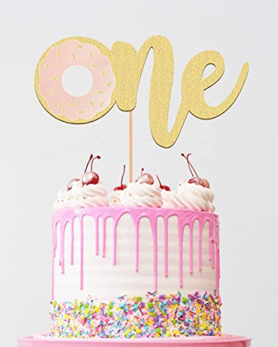 Myamped Donut One Cake Topper - Glitter Golden Donut First Birthday Cake Decorating Supplies, Suitable For Baby Shower Favors, Baby Gender Reveal, Baby Birthday Party Or Baby Photo Booth Props #TOP1