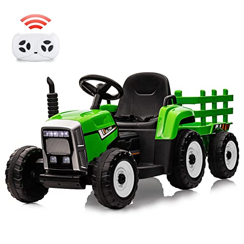 Nasitip 12V Battery Powered Electric Tractor with Trailer, Toddler Ride On Car w/Remote Control/7-LED Headlights/2+1 Gear Shift/MP3 Player/USB Port fo