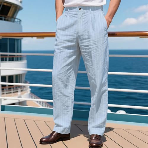Linen Dress Pants for Men Casual Loose Striped Pant Straight Lightweight Breathable Work Trousers with Pockets2