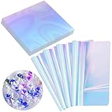Prudiut 150 Pieces Iridescent Cellophane Sheets Blue Holographic Cellophane Wrap Iridescent Paper for Candy Gift Wraps DIY Crafts Art Lights Window Decoration (9 x 9 Inch)