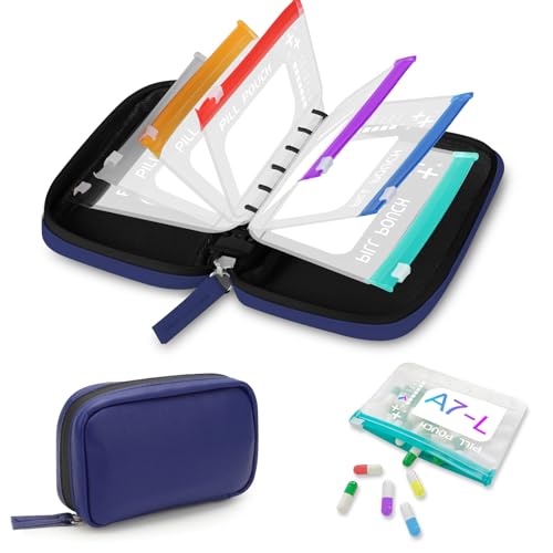 Timueetech A7 Waterproof Pill Organizer with 7 PCS L Size Zippered Pill Pouches for A7 Binder, Large BPA-Free Weekly Medicine Organizer, Color-Coded Reusable Travel Pill Storage System