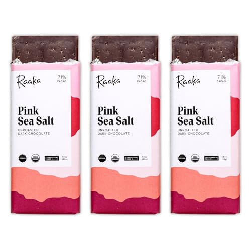 Raaka Pink Sea Salt Organic Dark Chocolate - 71% Cacao - Gourmet Dark Chocolate Gift Box - Organic, Vegan, Gluten Free, Kosher | 1.8oz Bars, 3-Pack