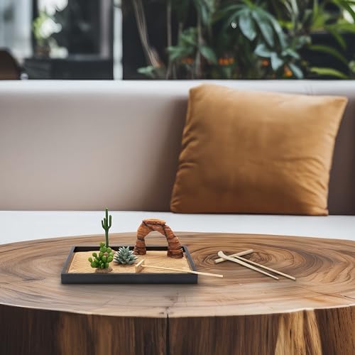 Desert Zen Garden Kit. Premium Home Cactus Decor. 11x8 Sand Tray. 4 Artificial Features, Brown Sand, 3 Handcrafted Wood Tools. Southwestern Desert Decor Zen Garden for Desk Therapy