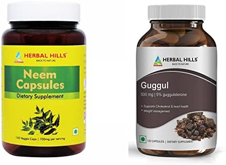 HERBAL HILLS Neem Capsules and Guggul Vegie Capsules with Arjuna Extract Each 120 Count Combo (Pack of 2)